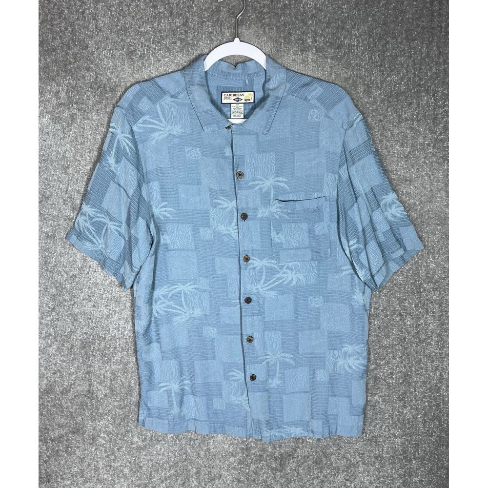 Caribbean Joe Silk Blend Button Up Shirt Mens Size M Blue Palm Tree Print Pocket